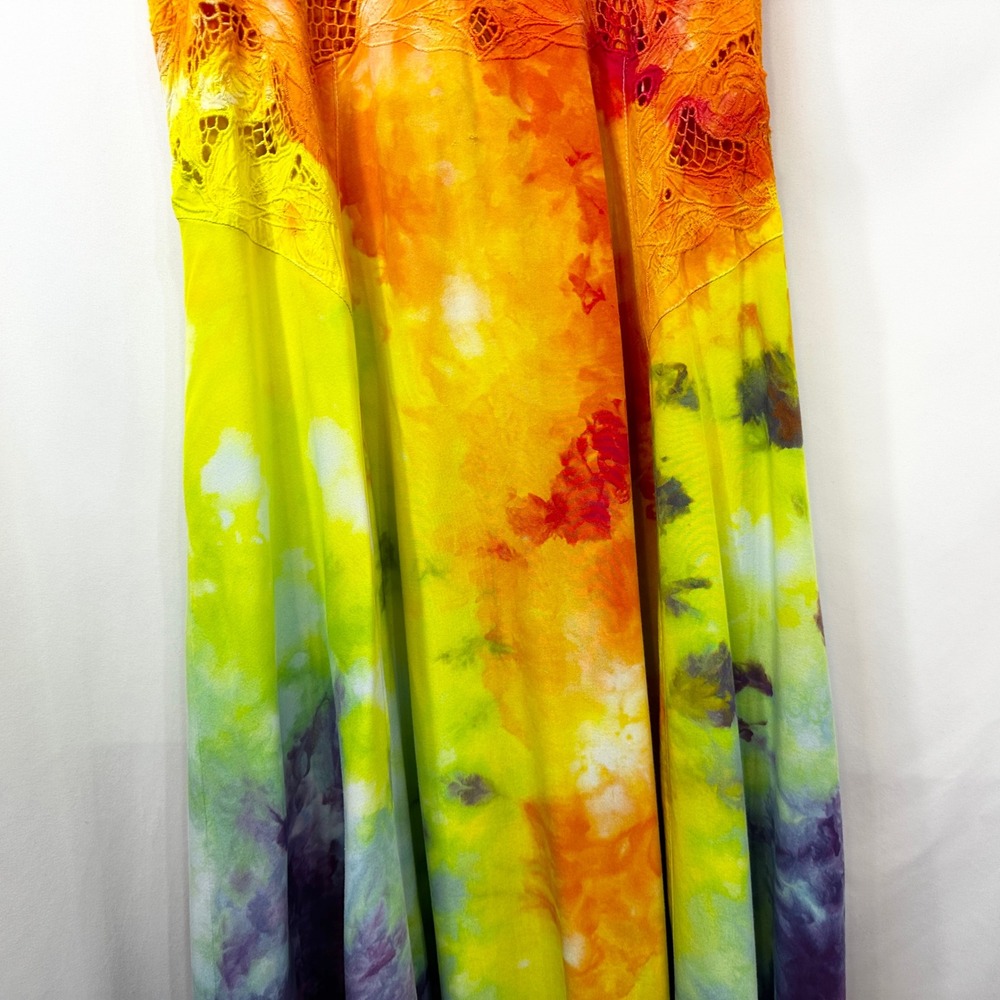 Tie Dye Medium Maxi Dress Handmade Rainbow Eyelet Hem Sleeveless Vacation 1760 - Picture 5 of 15